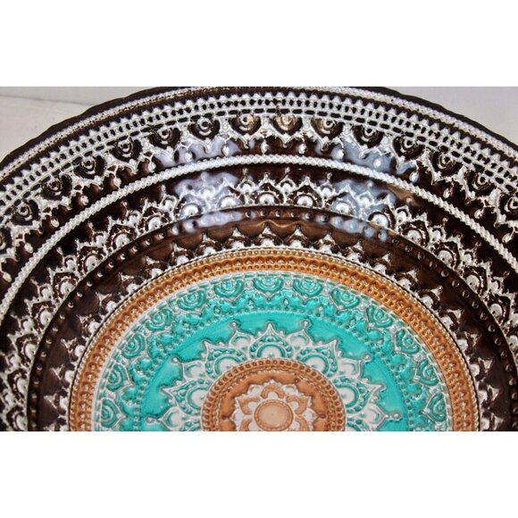 Artistic Accents Turkish Glass Serving Bowl Mandala Teal Terracotta Brown Silver - Picture 4 of 7